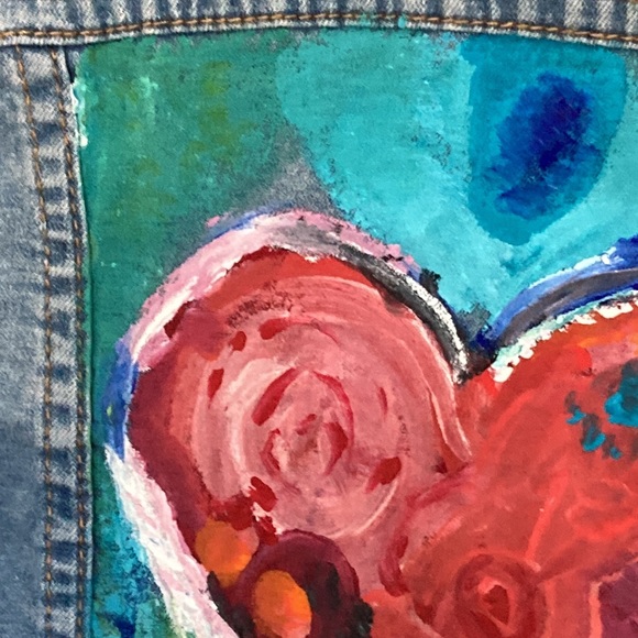 Artisan Hand Painted Blue Notes Cropped Jean Jacket Abstract Heart Acryl… - Picture 11 of 12